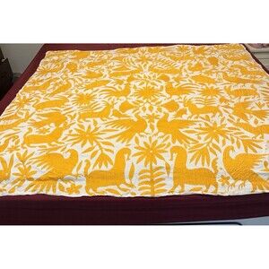 Orange Hand Embroidered Authentic Mexican Otomi Tablecloth Queen Bedspread 63x70